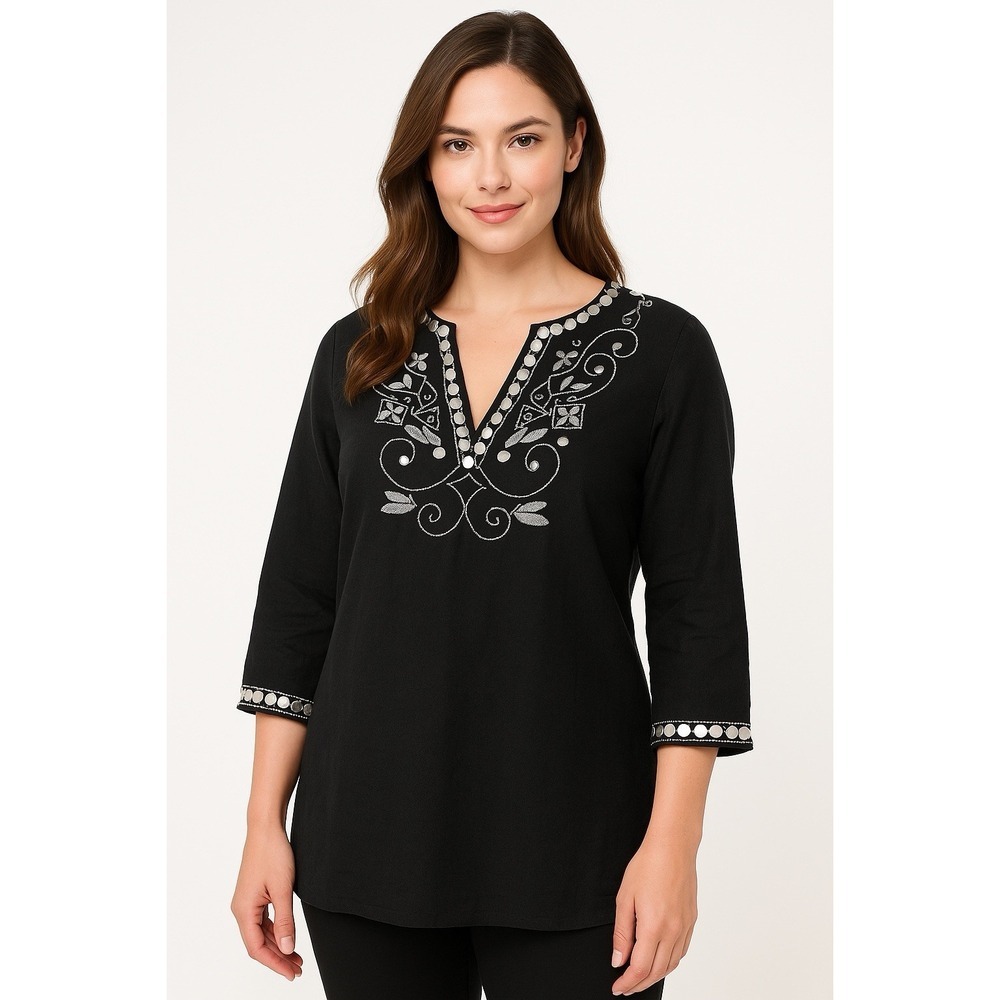 Morgan Cole XL Black Tunic Top‎ Embroidered Sequins Boho Peasant 3/4 Sleeve